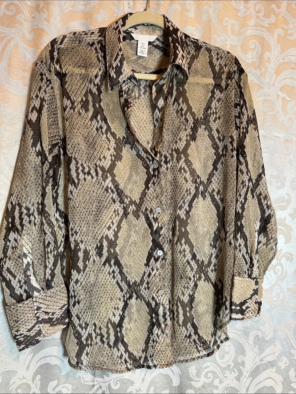 H&M Women's Snake-Print Sheer Button-Up Blousy Blouse in Brown and Tan